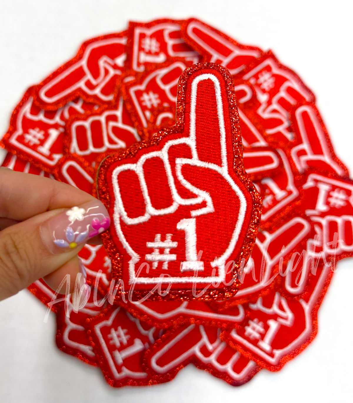 Red #1 foam finger game day trucker hat patch iron on