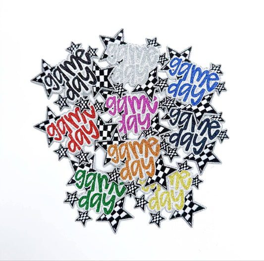Red Game Day Checkered Star Sequin Glitter Patch