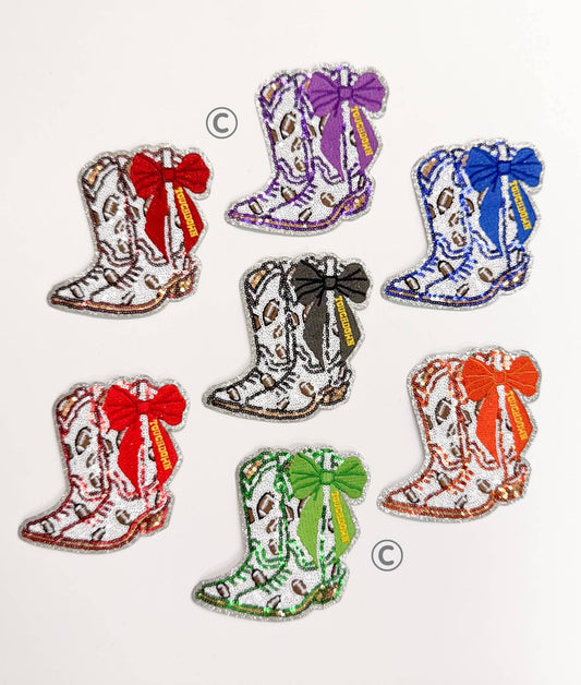 Football Touchdown Red Bow Boot Sequin Patch - Small