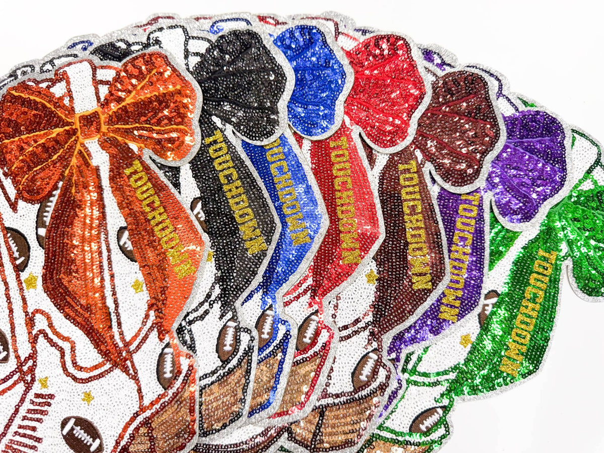 Football Touchdown Green Bow Boot Sequin Patch - Large