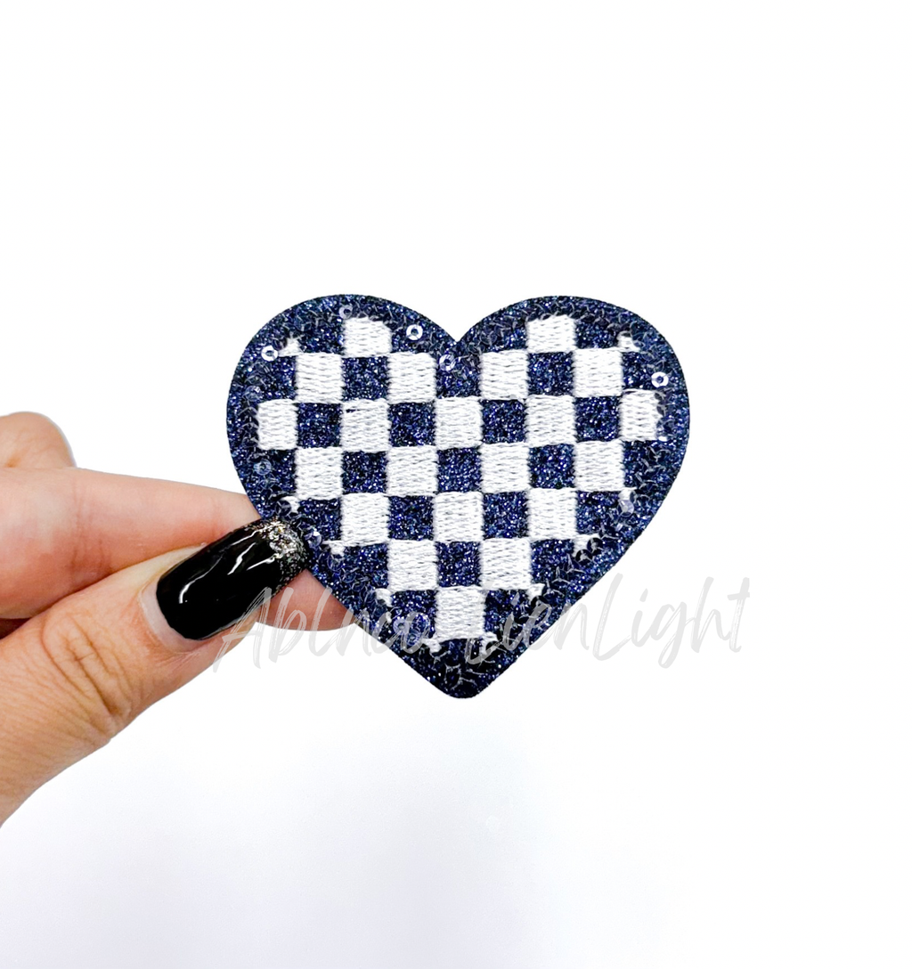 Navy checkered heart embroidery glitter sequin patch