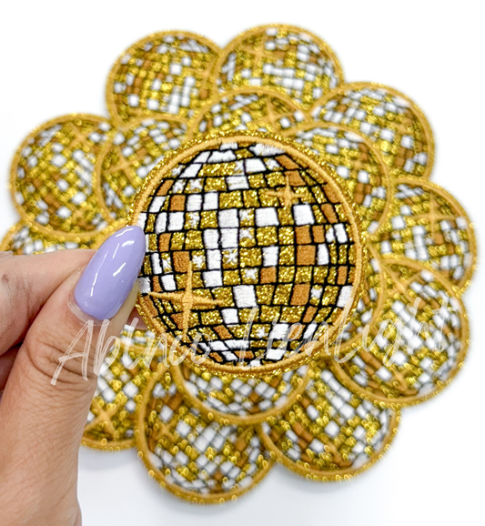 2” Gold glitter disco ball embroidery patch iron on