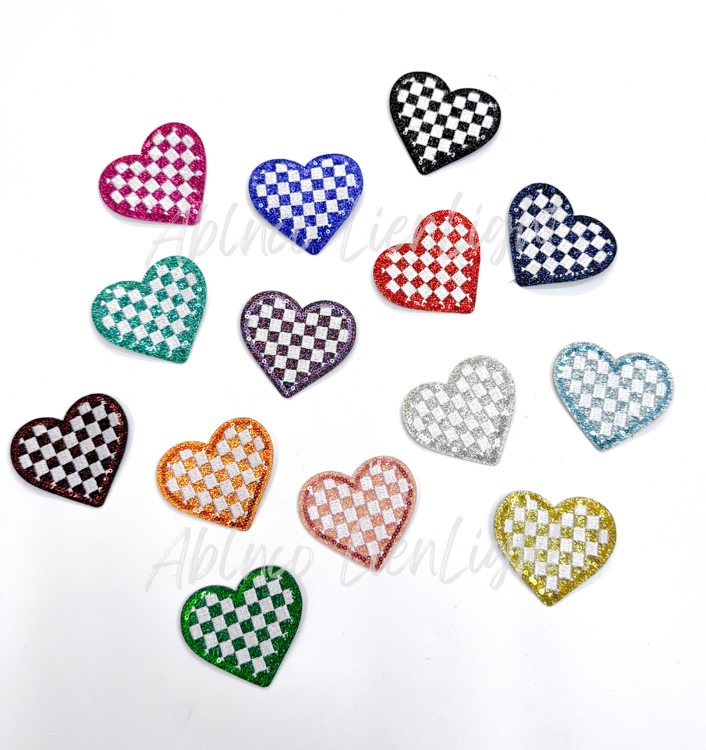 Navy checkered heart embroidery glitter sequin patch