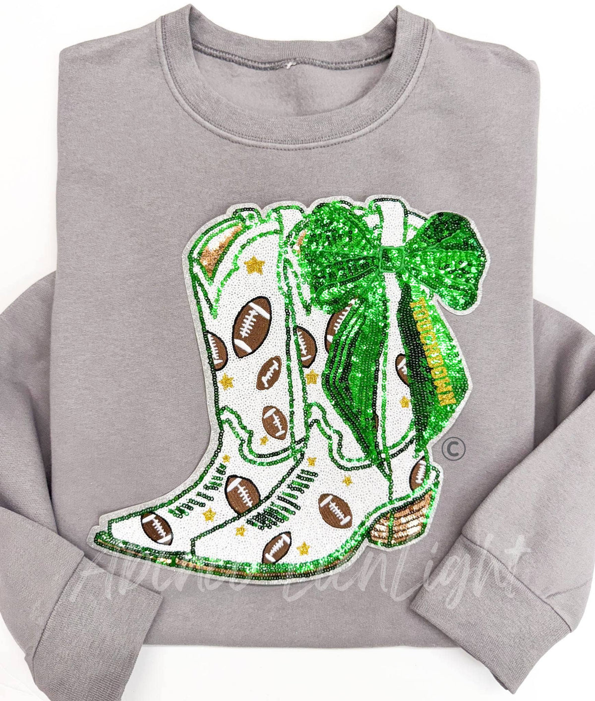 Football Touchdown Green Bow Boot Sequin Patch - Large