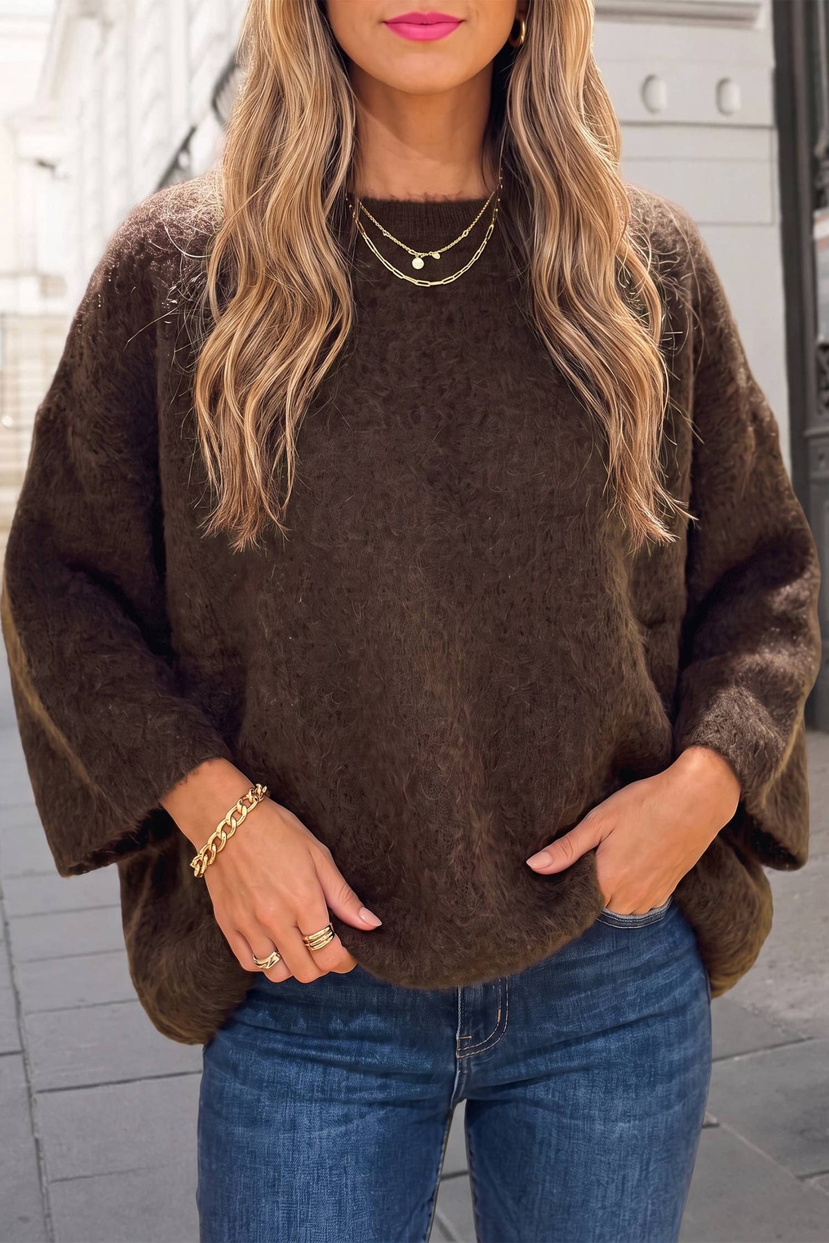 Betty Brown Crewneck Wide Sleeve Sweater
