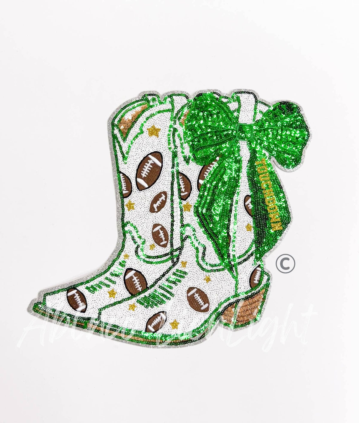 Football Touchdown Green Bow Boot Sequin Patch - Large