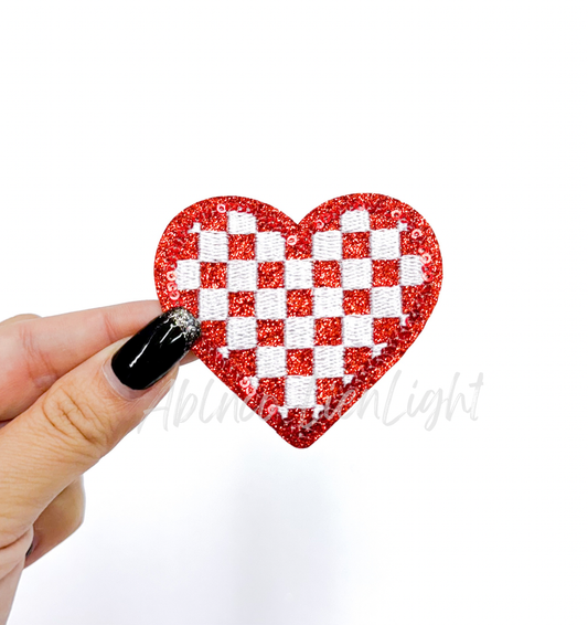 Red checkered heart embroidery glitter sequin patch