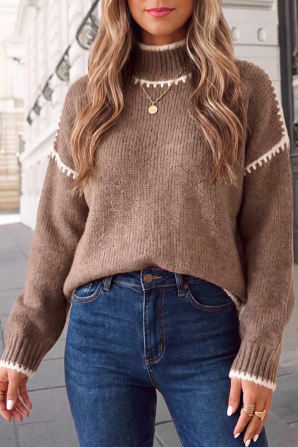 Relaxed Solid Trim Mock Neck Knit Sweater | S-XL