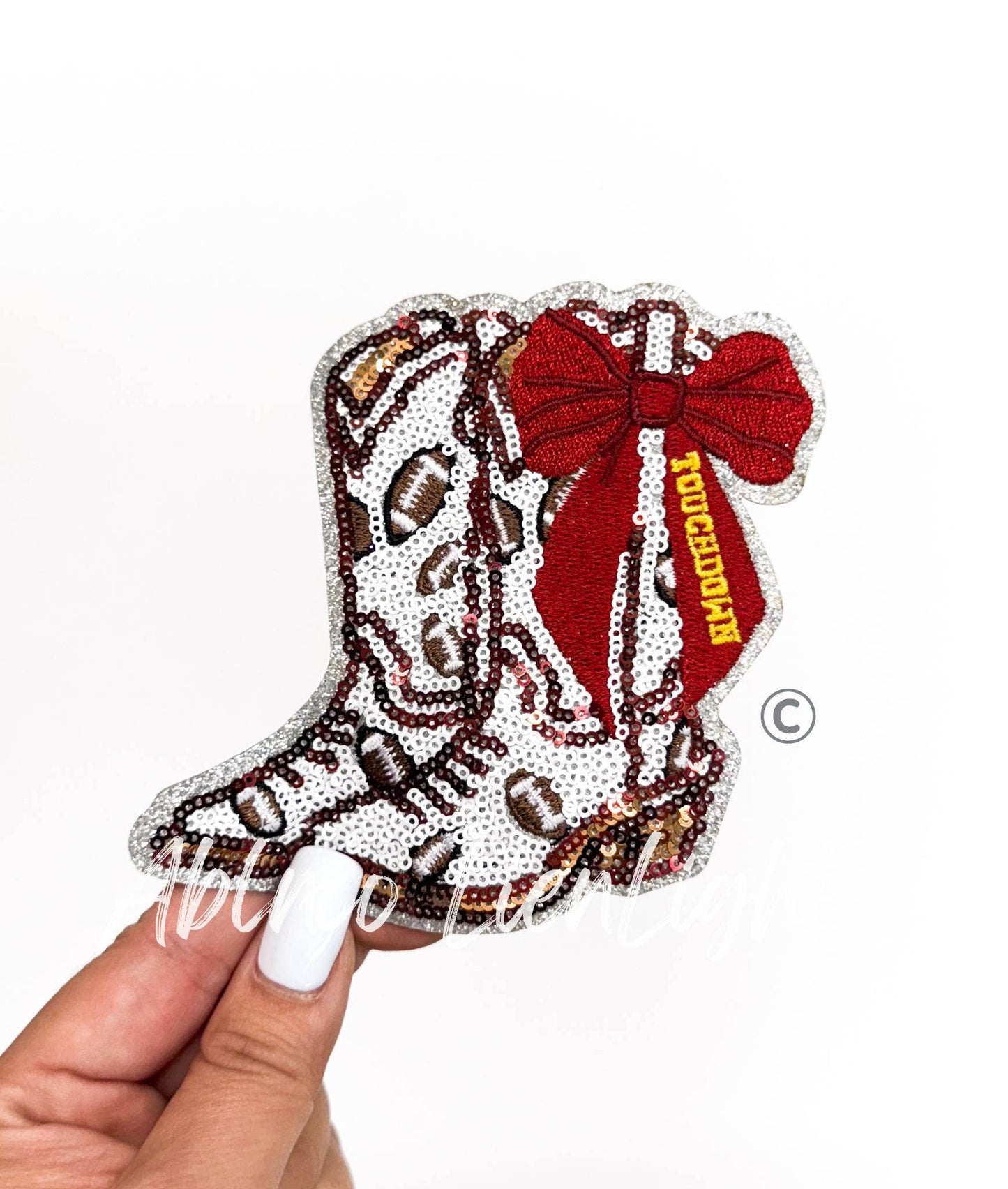Football Touchdown Maroon Bow Boot Sequin Patch - Small