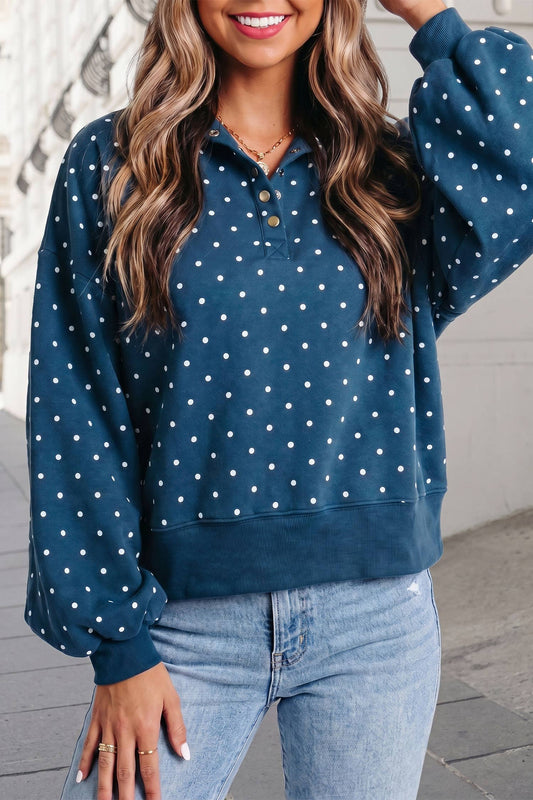 Polka Dot Print Button Collar Mockneck Sweatshirt