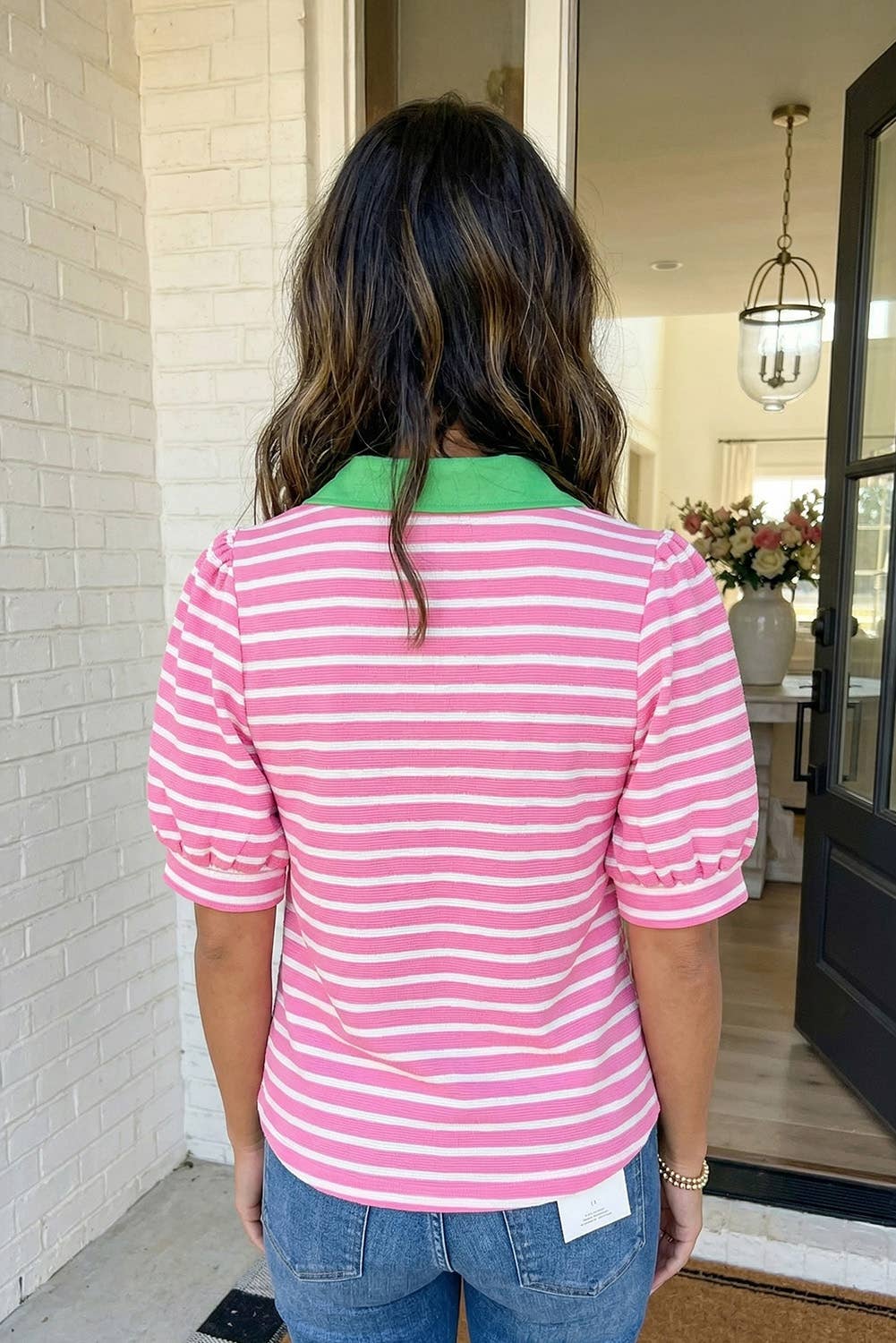 LAS Stripe Color Block Polo Collar Blouse (S-XL)