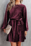 Tie Waist Crinkle Velvet Dress