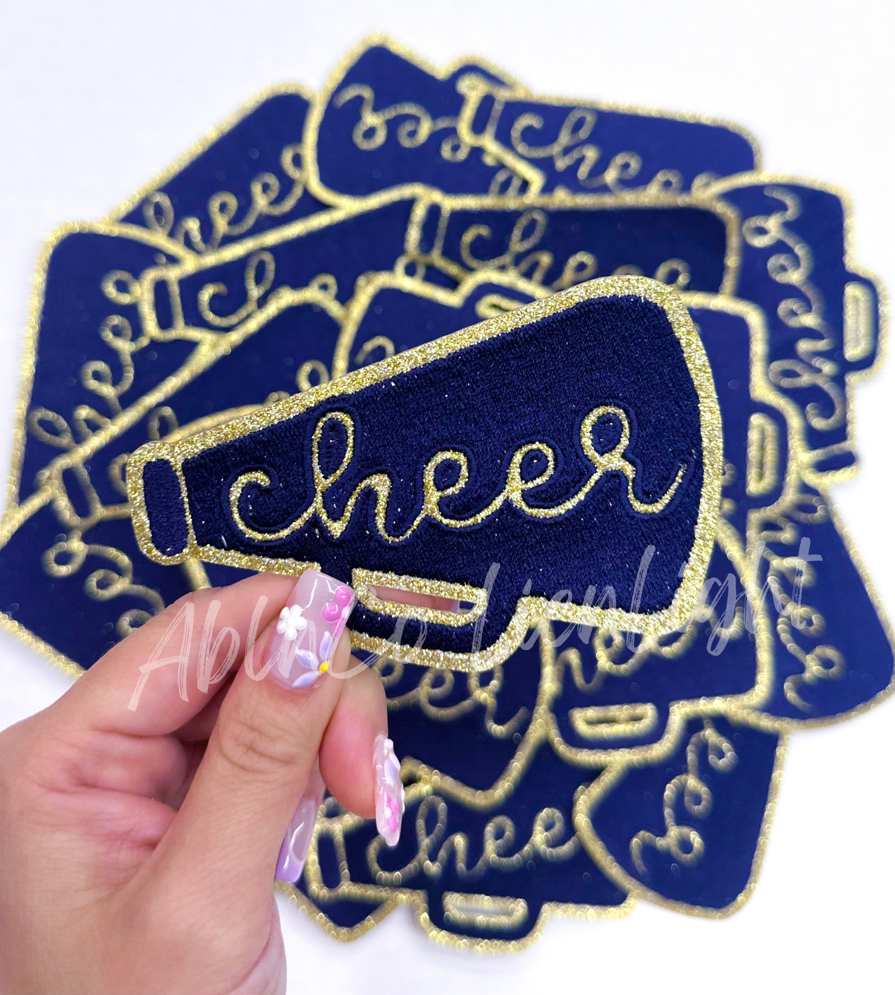 Navy glitter cheer megaphone trucker hat patch iron on