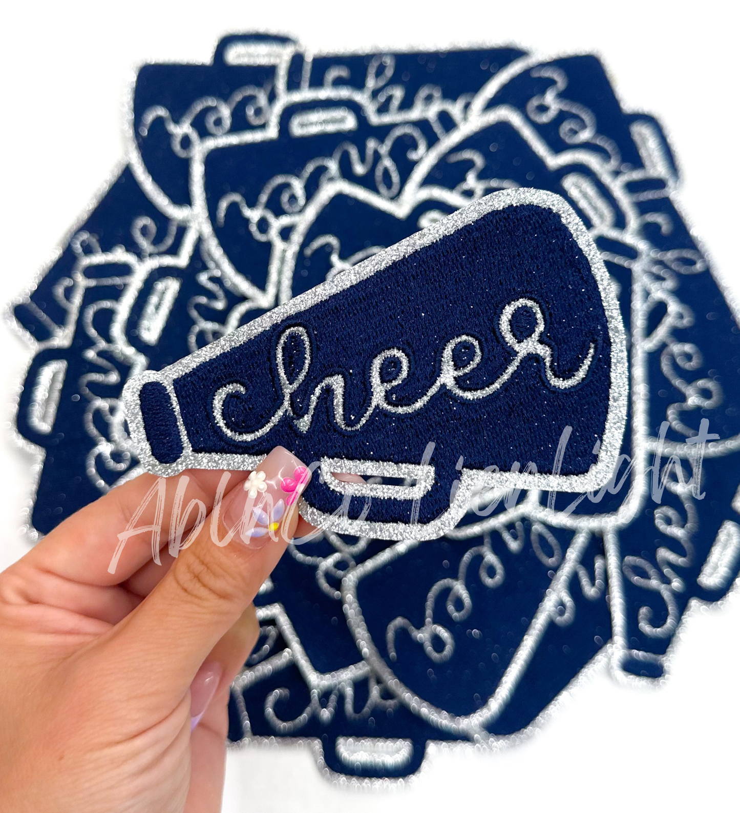 SILVER glitter navy cheer megaphone hat patches iron on