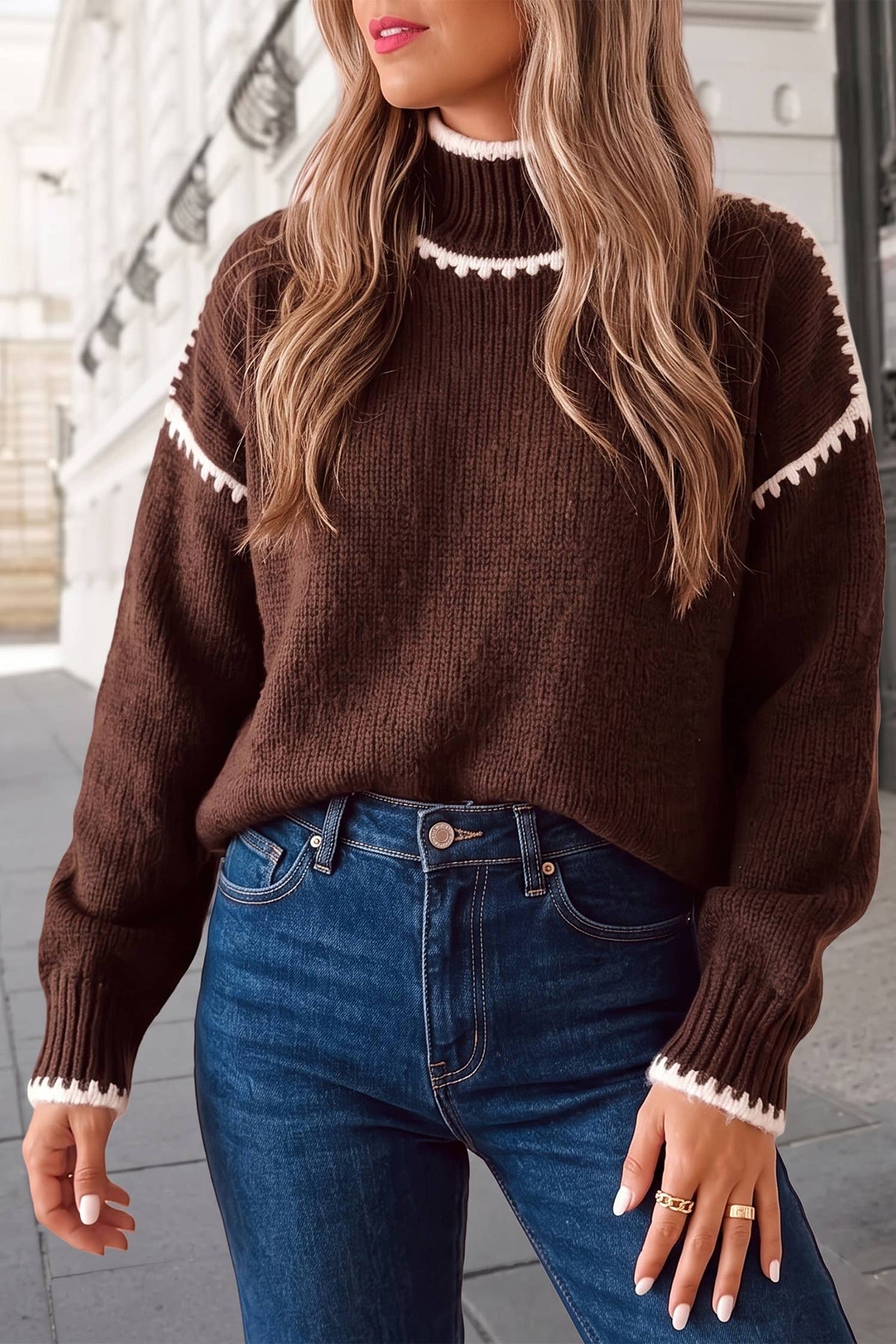 Relaxed Solid Trim Mock Neck Knit Sweater | S-XL