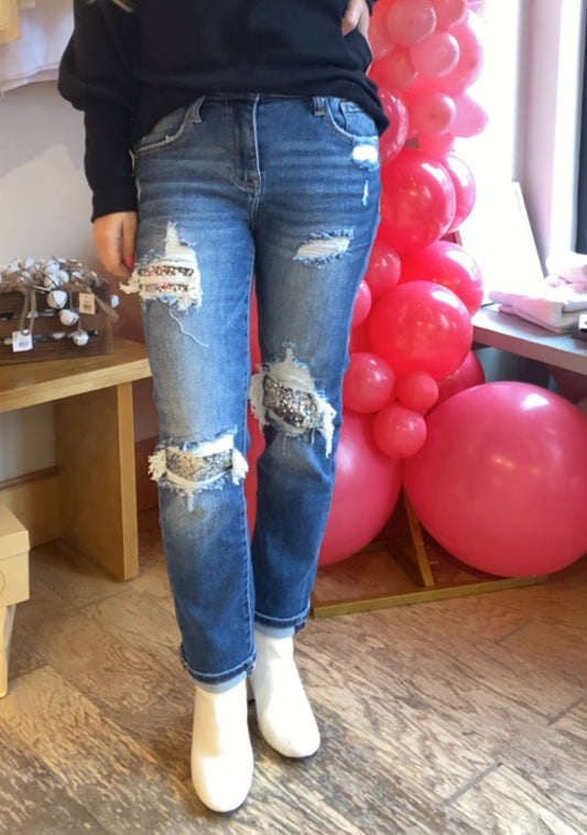 Risen Sequin patch jeans