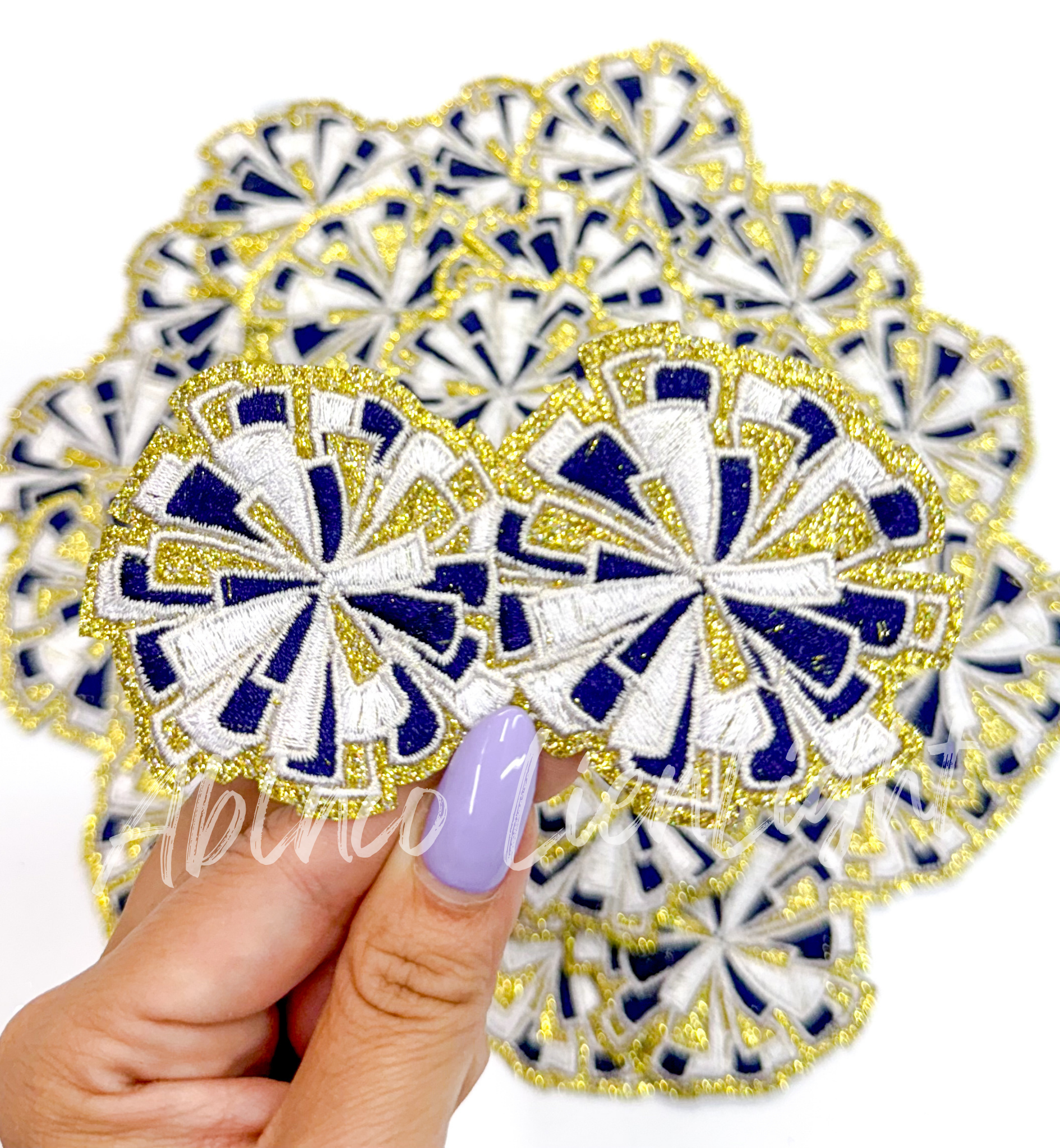 Navy and gold cheer glitter pom poms patch iron on