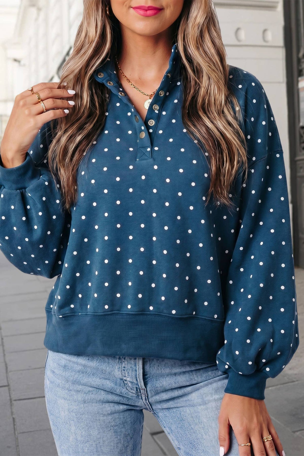 Polka Dot Print Button Collar Mockneck Sweatshirt