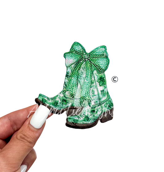 Green Floral Cowboy Bow Boots Sequin Embroidery Patch 