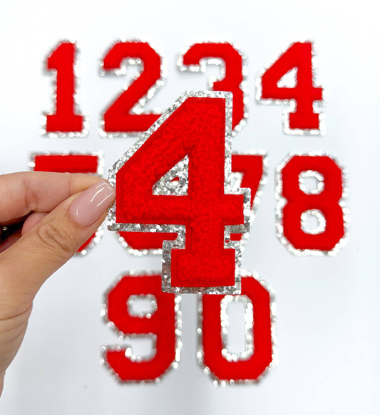 Red Silver Numbers Glitter Embroidery Patch