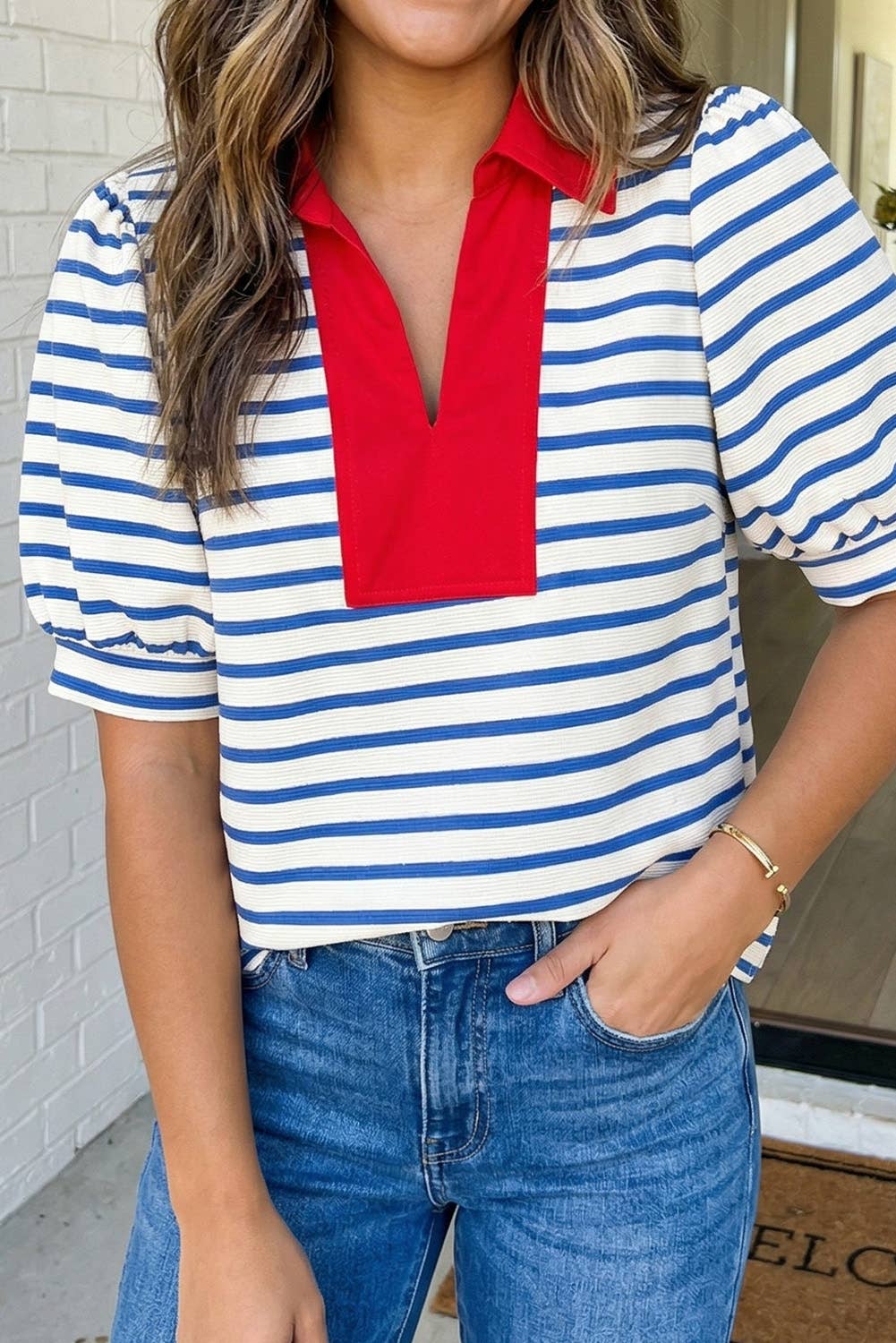 LAS Stripe Color Block Polo Collar Blouse (S-XL)