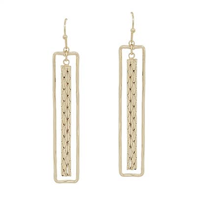 Gold Textured Open Rectangle with Chain 2" Earring