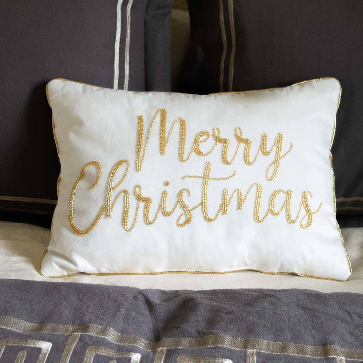 Merry Christmas Beaded Pillow    White/Gold   14x20