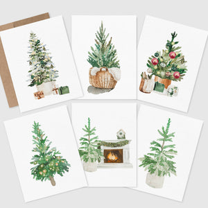 Boxed Set of 6 Holiday Greeting Cards,Blank, Christmas Trees