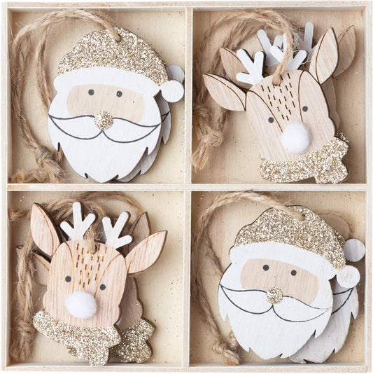 Boxed set of 8 wooden Santa & reindeer tags or ornaments