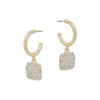 Gold Huggie Hoop with Square Pave Rhinestone Earring